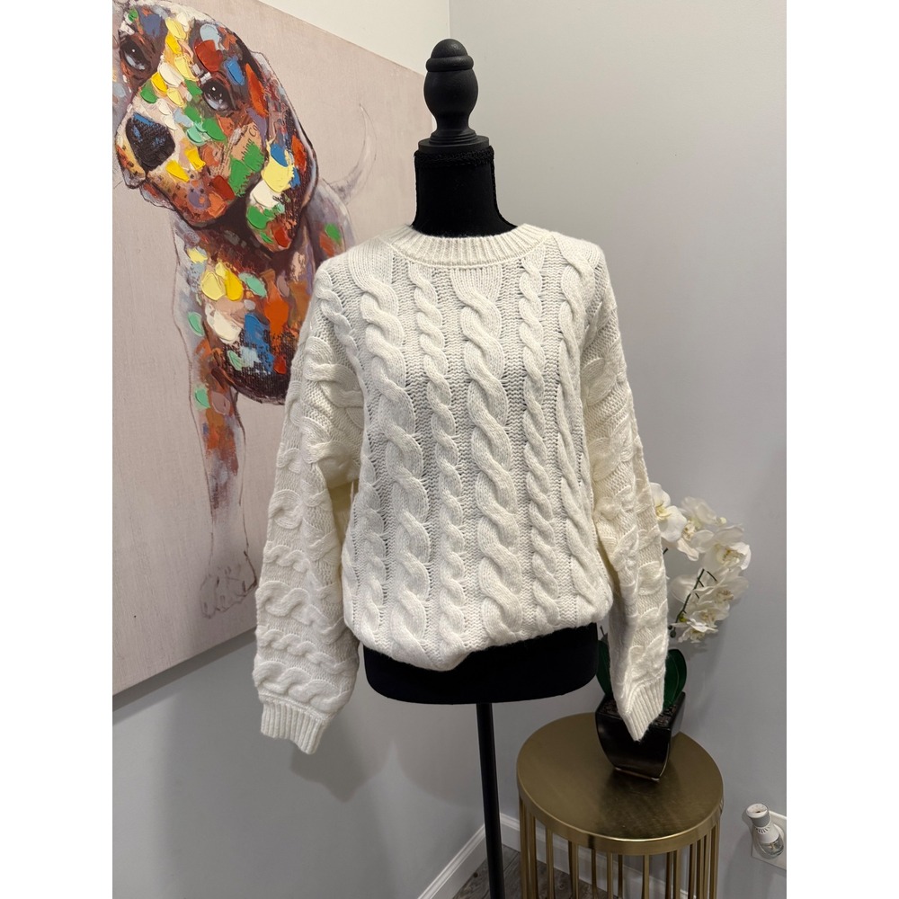 All In Favor Ivory Cable Knit Wool Blend Crewneck Sweater